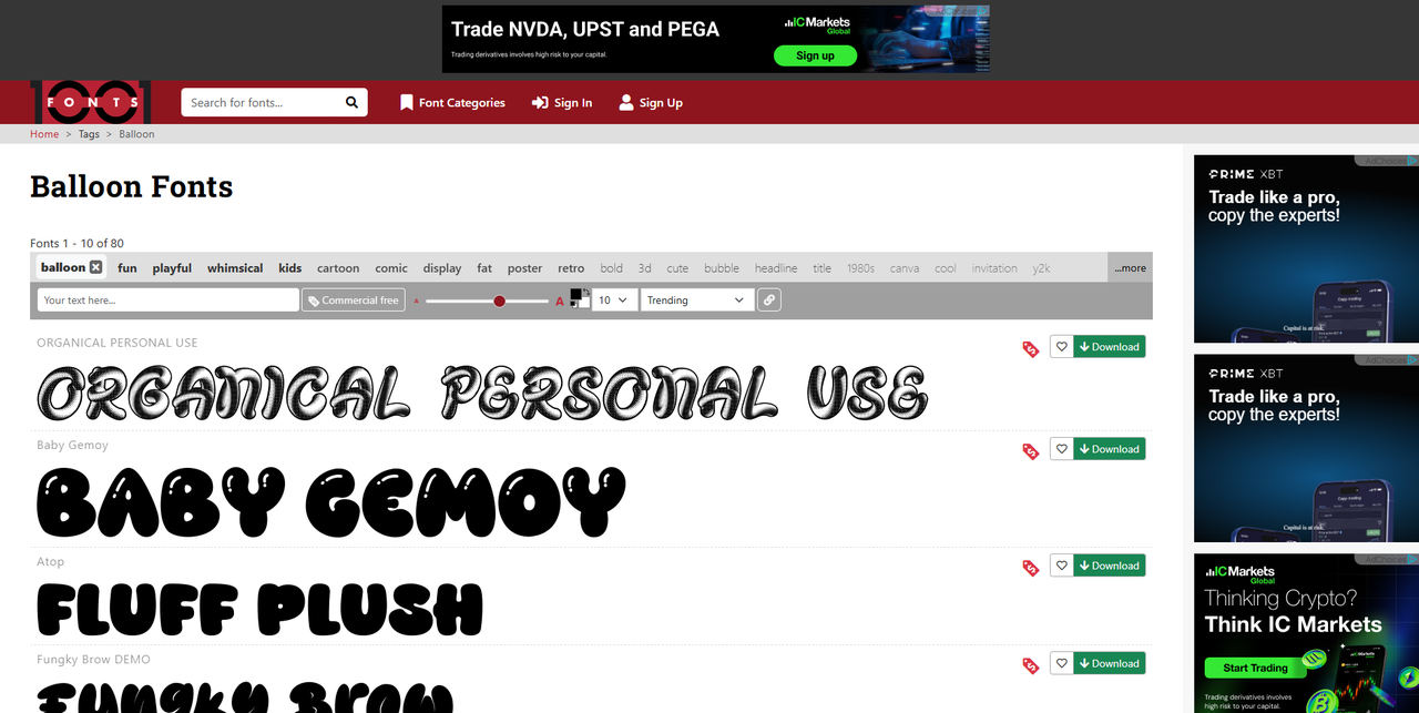 Interface of 1001 Fonts - a useful resource for balloon fonts