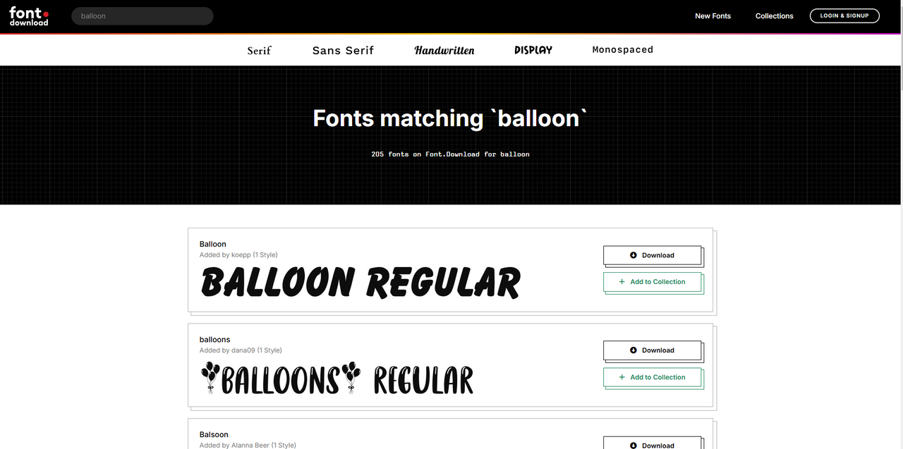 Interface of Font.download - an easy-to-navigate site for balloon fonts