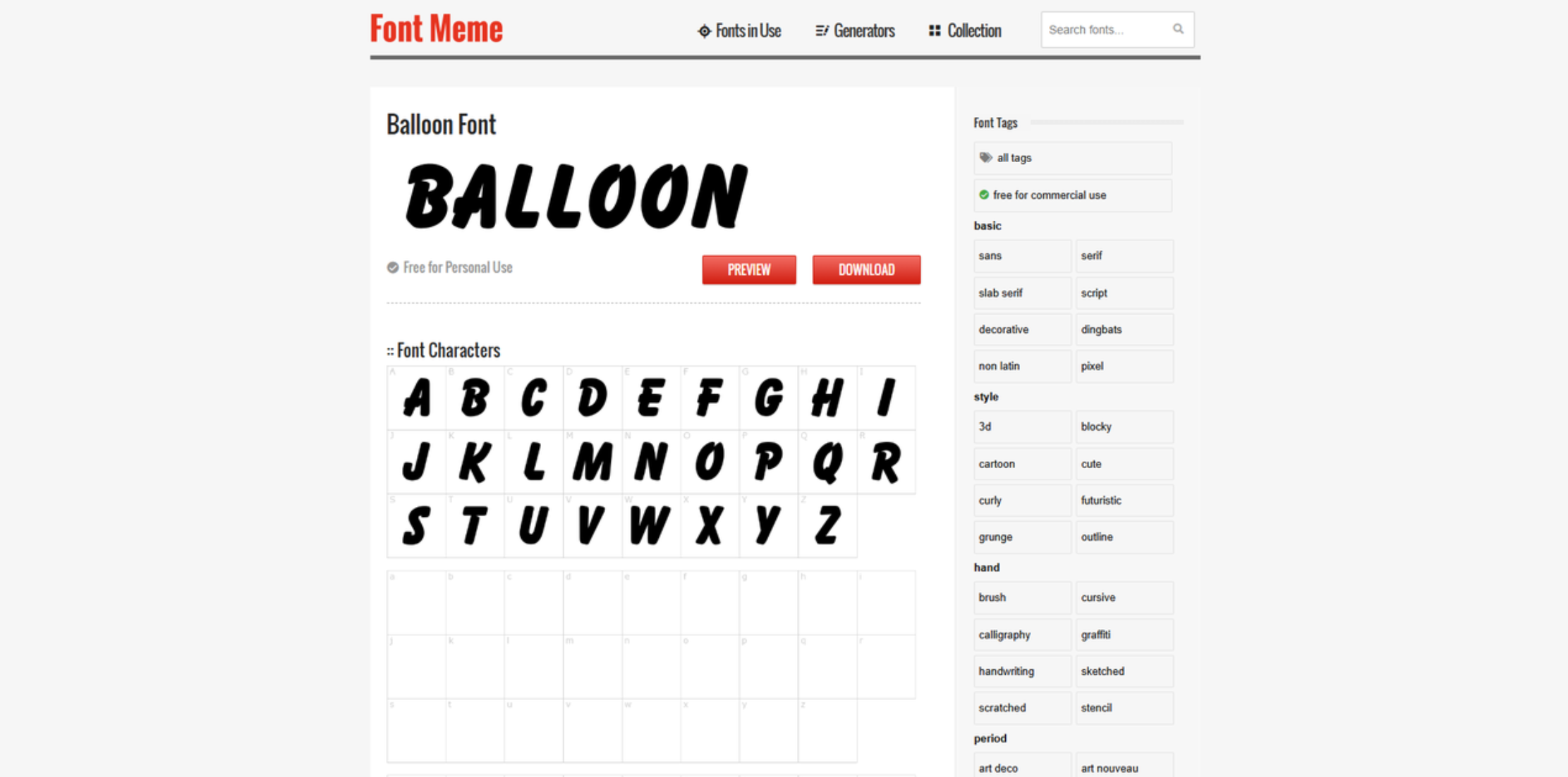 Interface of Font meme - another resource to download 3D balloon fonts for free