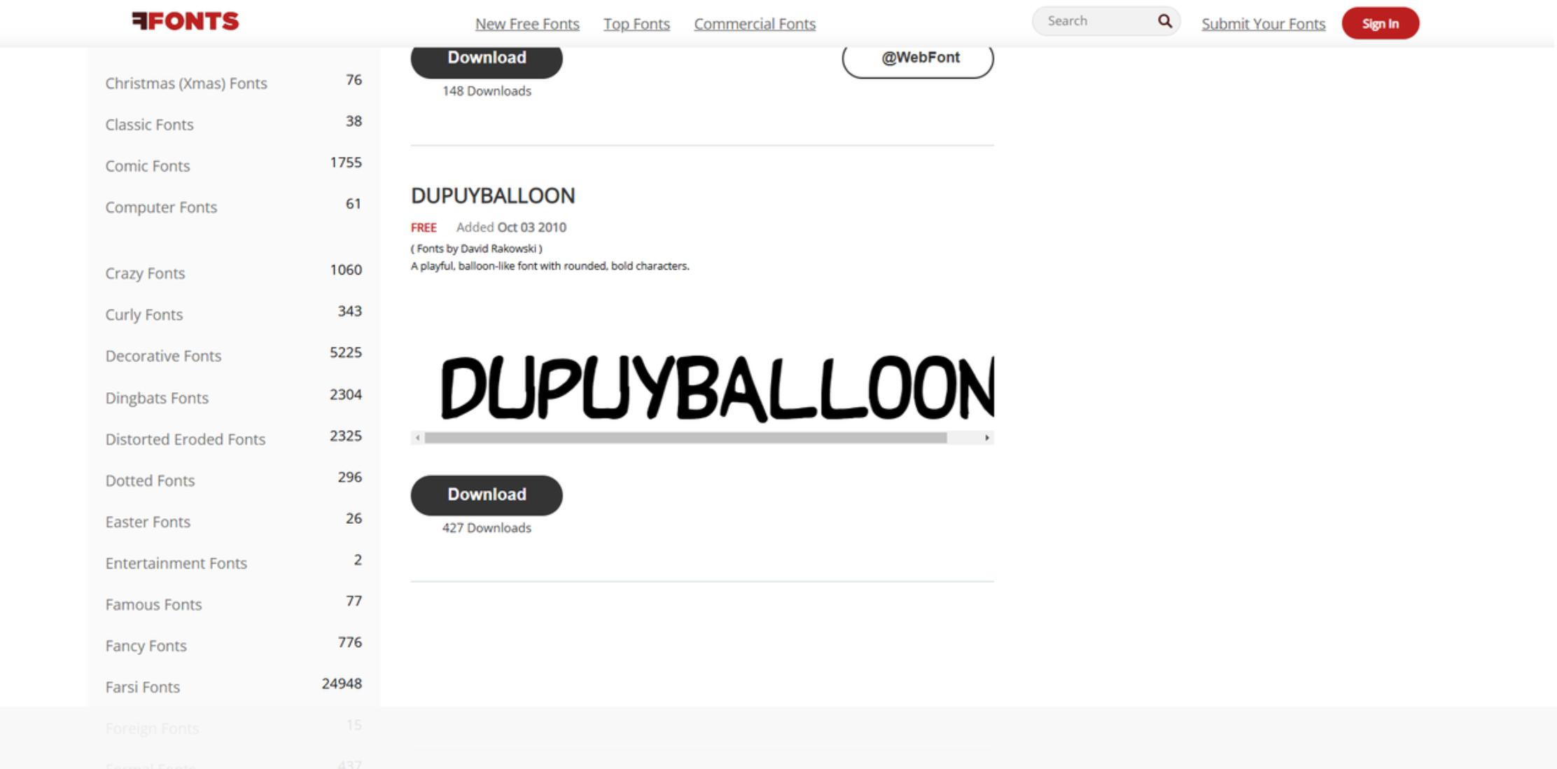 Interface of Ffonts - a quick way to download free balloon fonts