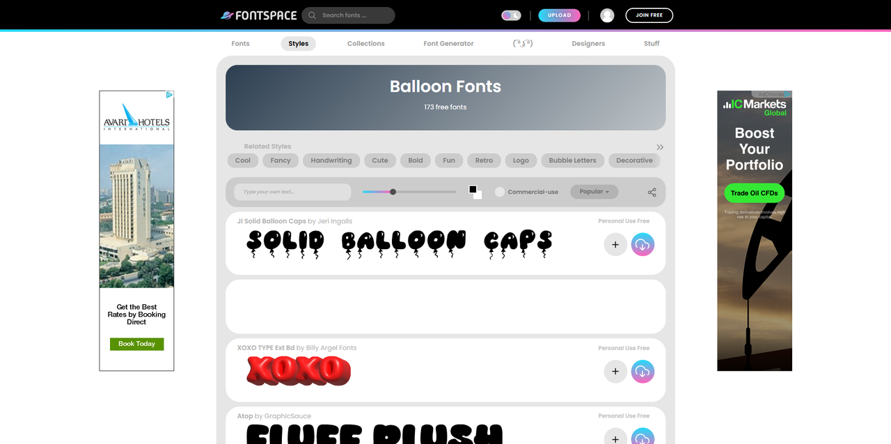 Interface of Fontspace - an easy-to-navigate resource for balloon fonts