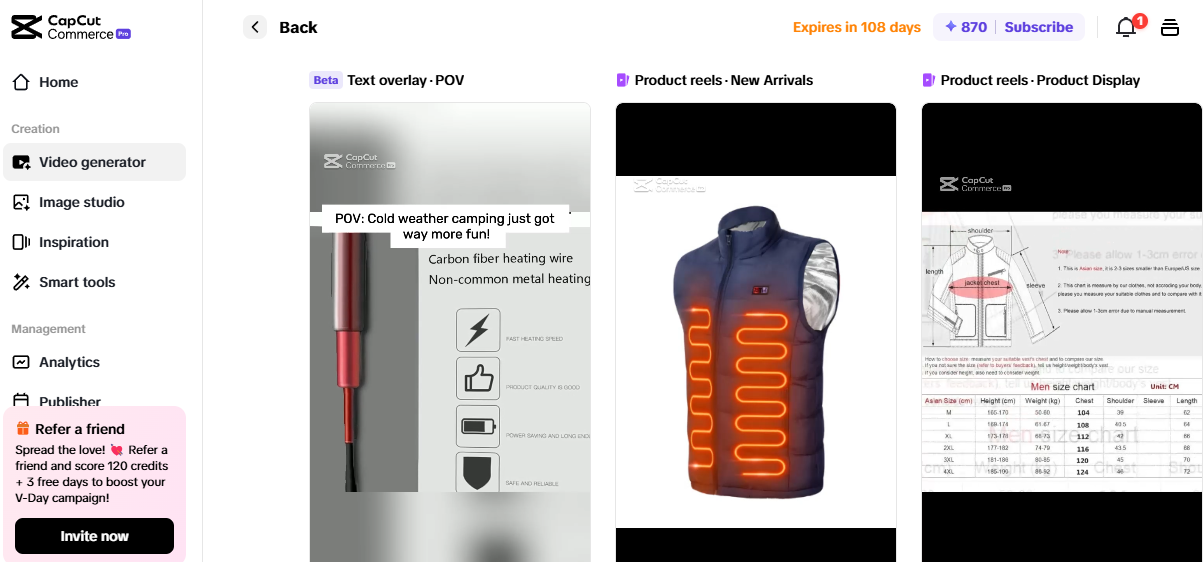 Pippit showcasing heated vest product reels and text overlays for affiliate marketing campaigns.