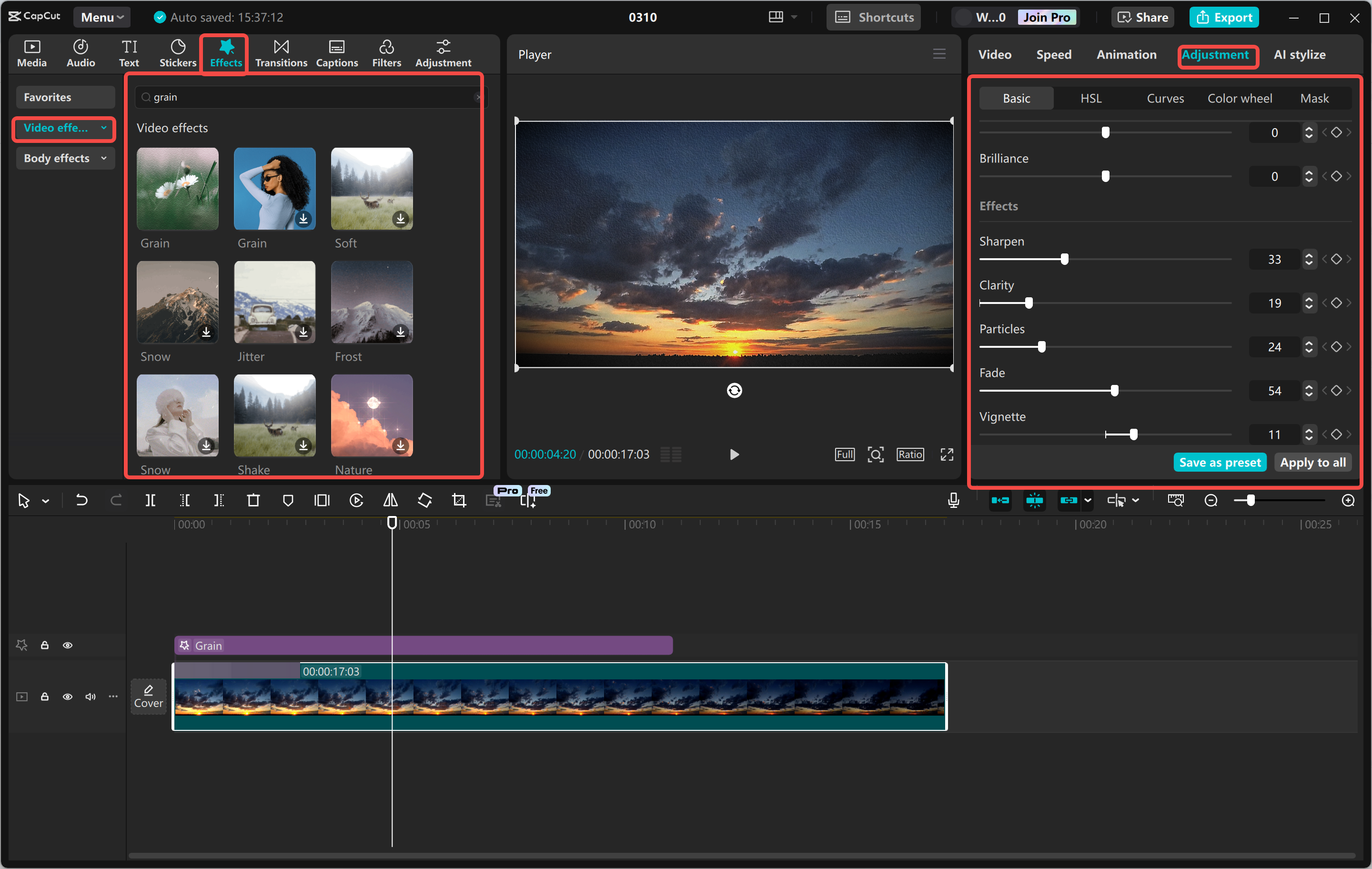 Adding and adjusting the grain effect in the CapCut desktop video editor