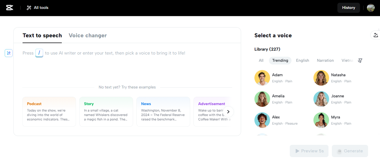 CapCut Web's KI Text-to-Voice-Generator