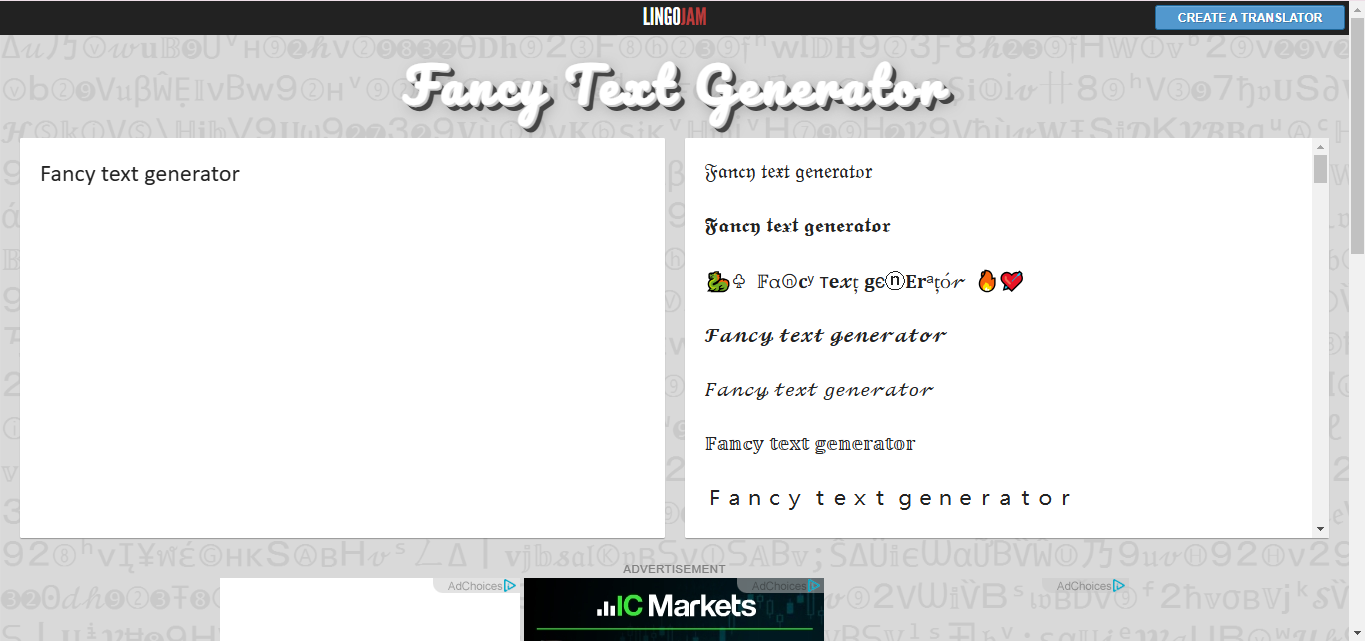 Interface de LingoJam - l'excellent outil pour créer des polices d'écriture élégantes et sophistiquées