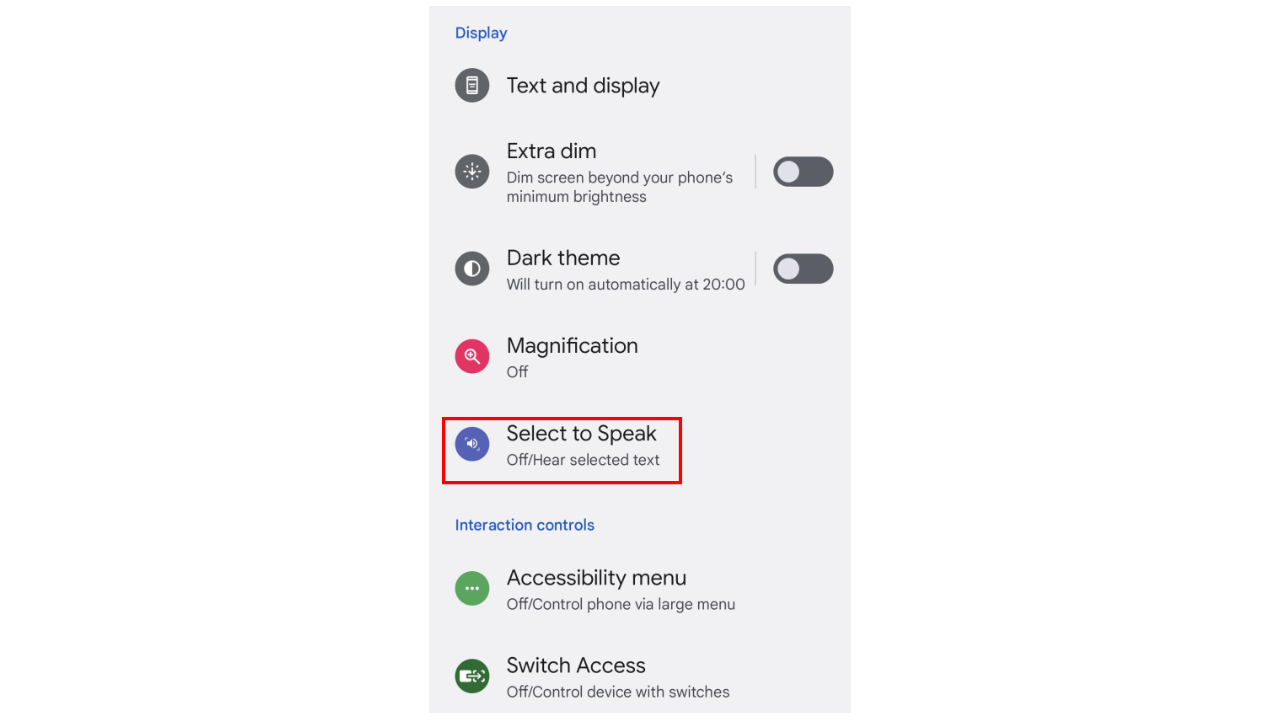 Select to speak Android interface