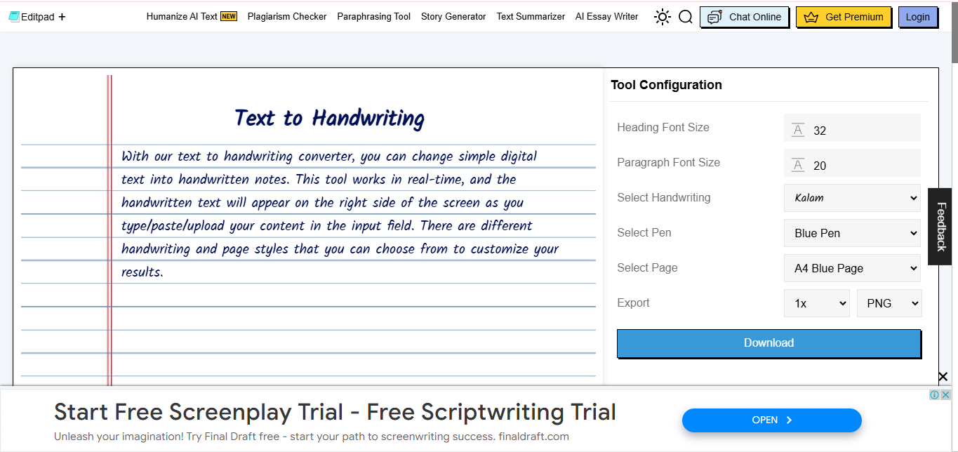 Antara muka Editpad - alat terbaik untuk menulis teks tulisan tangan dalam talian