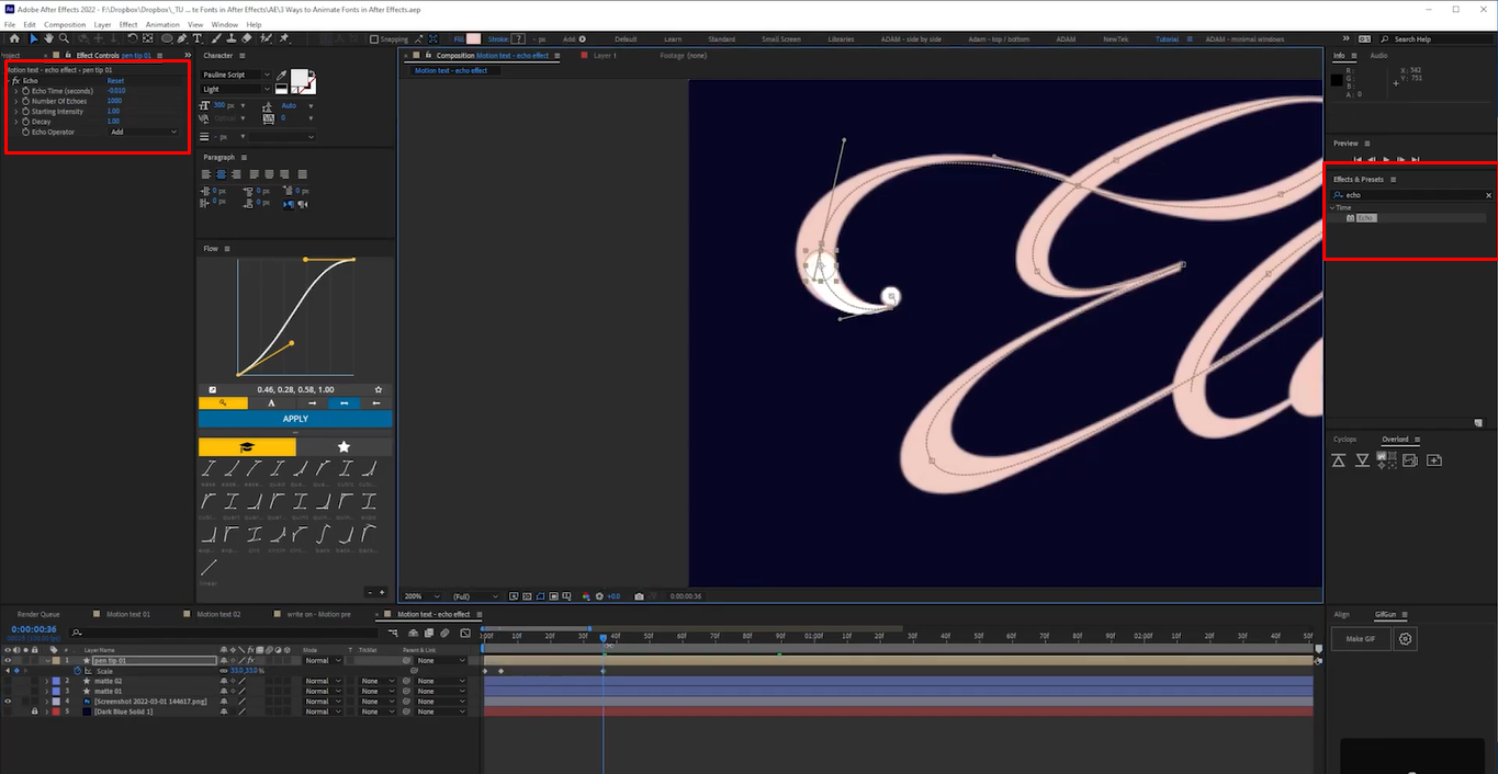 Applying the Echo effect for creating handwriting fonts in After Effects