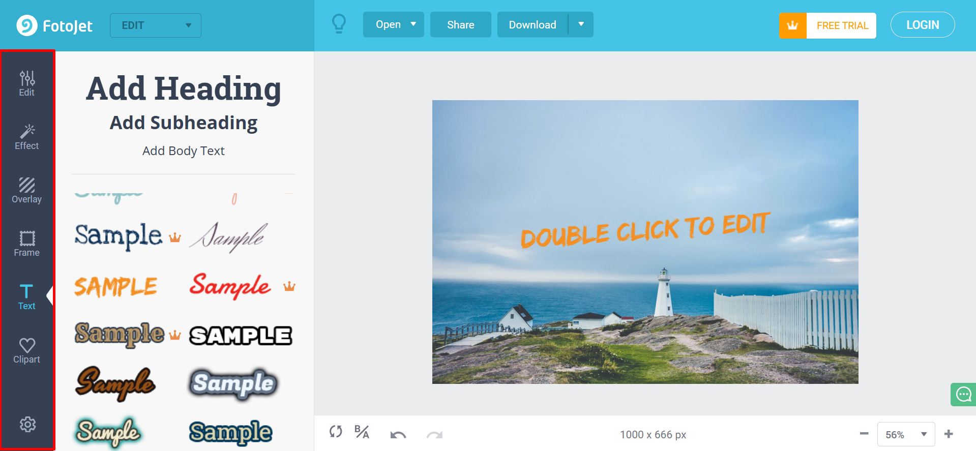 Interface of FotoJet - an online program to write text on photos