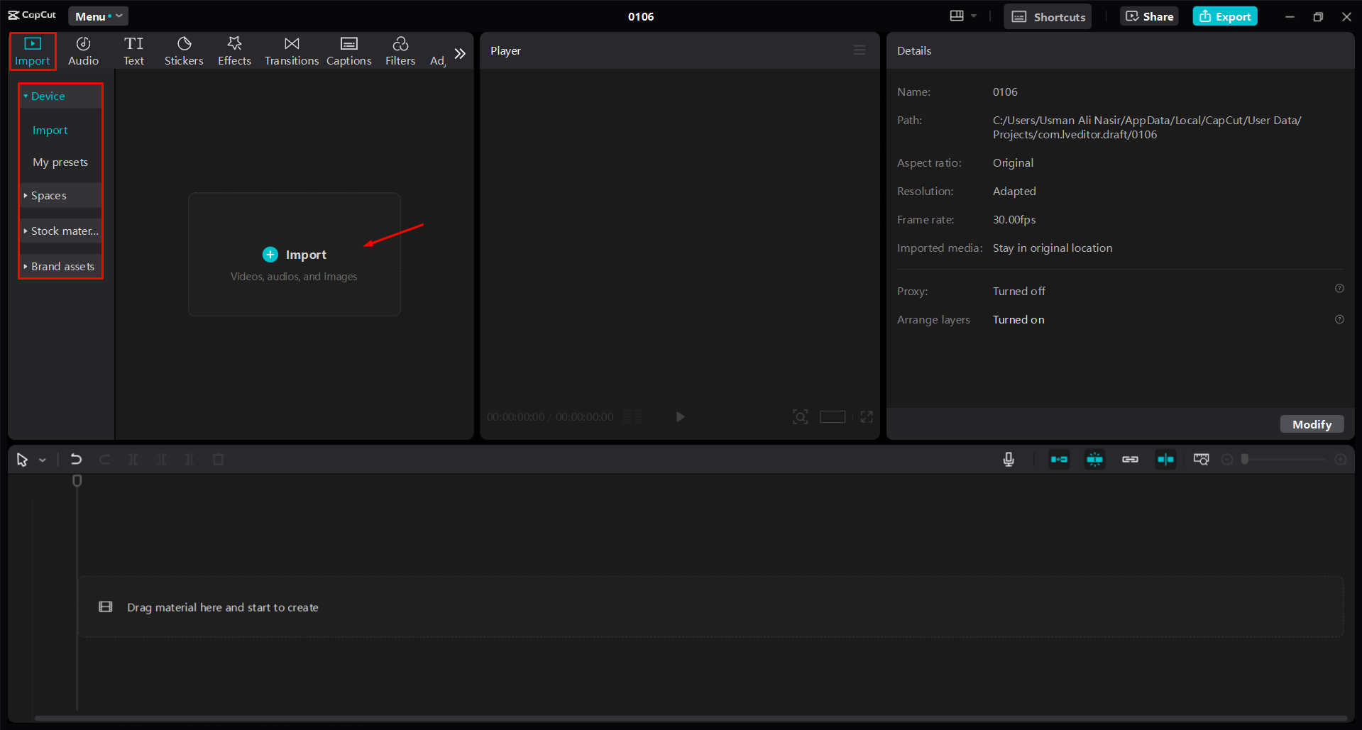 CapCut masaüstü video düzenleyicisine video yükleme