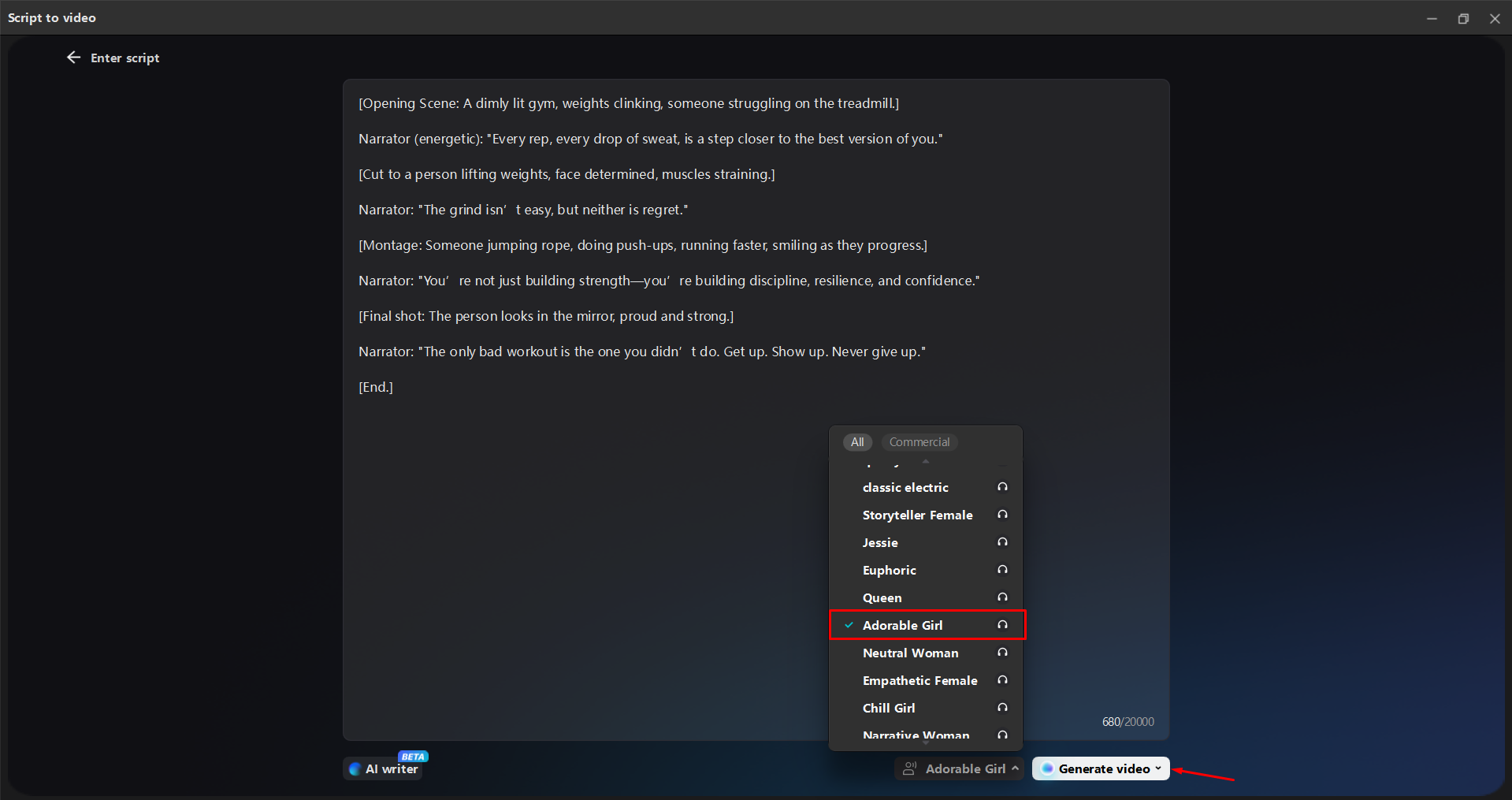 Generating a video from the script in the CapCut desktop video editor