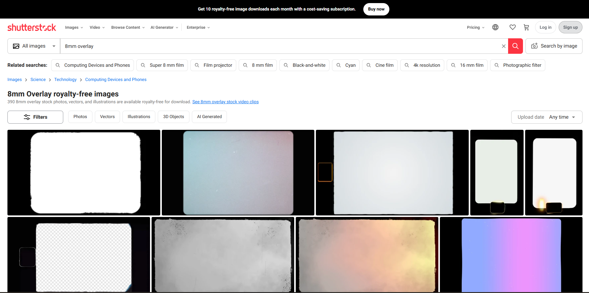 Interface of Shutterstock - another website for free film grain overlays