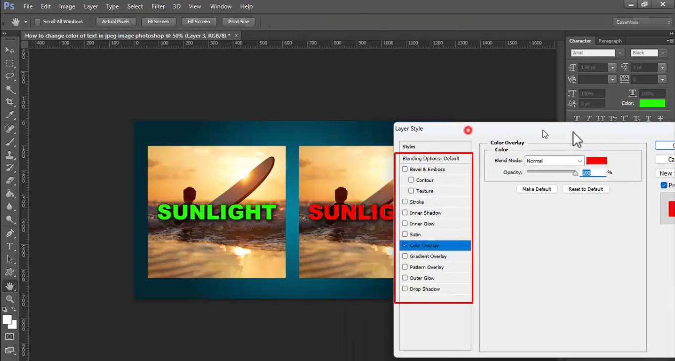 Customize text color and apply effects on an image in Photoshop