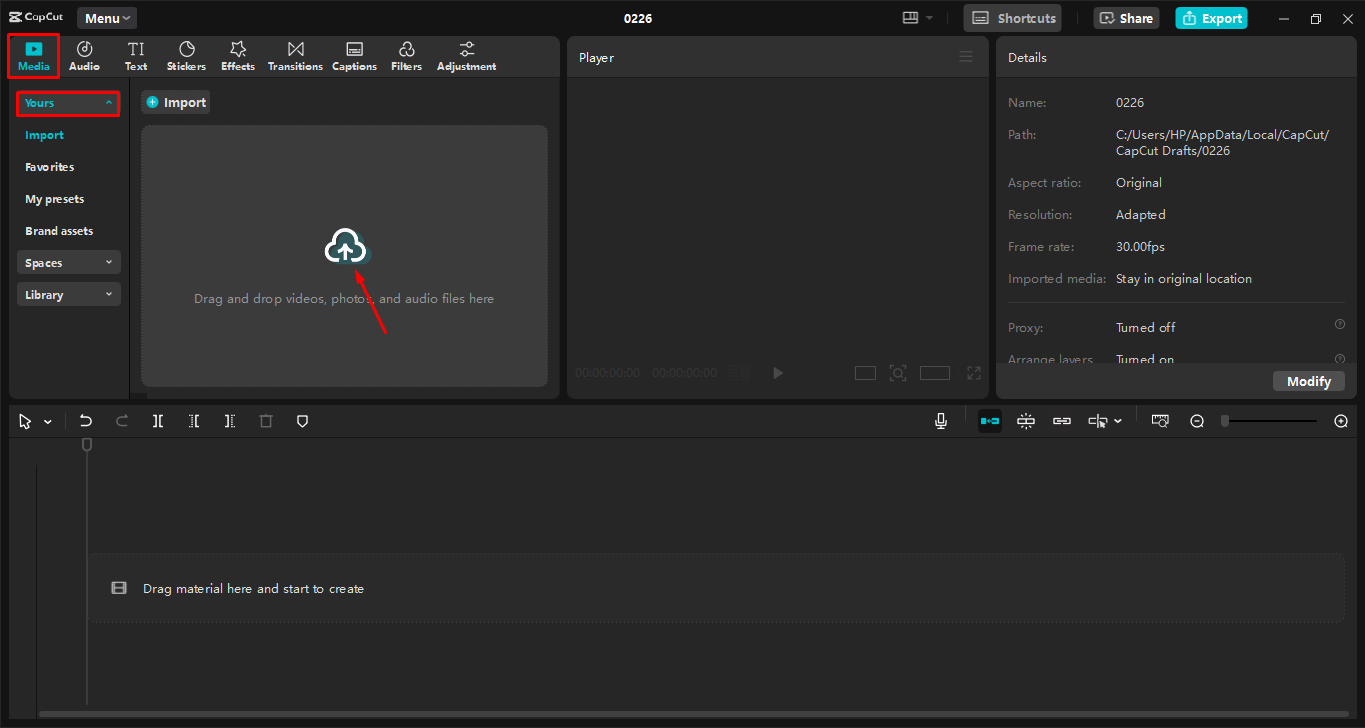 Uploading image to the CapCut desktop video editor