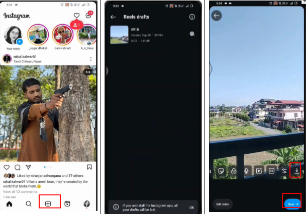 Image showing how to save draft reels in gallery with music