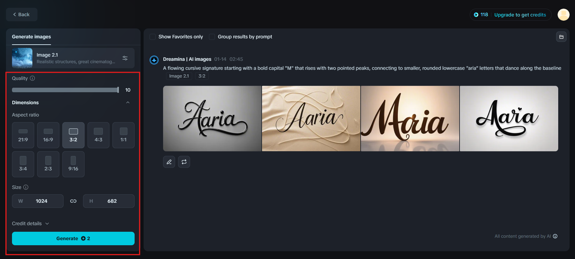 Configure the design parameters for Dreamina's signature generator cursive