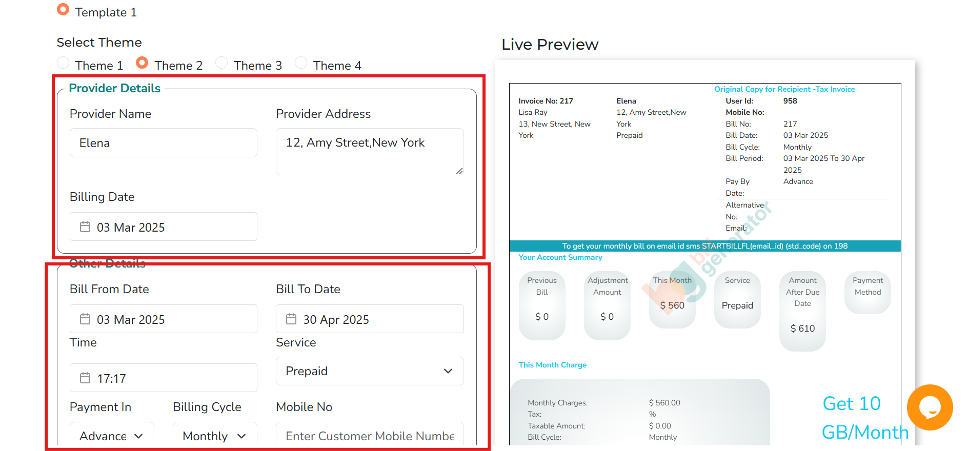 Personalize os detalhes para geração de fatura on-line