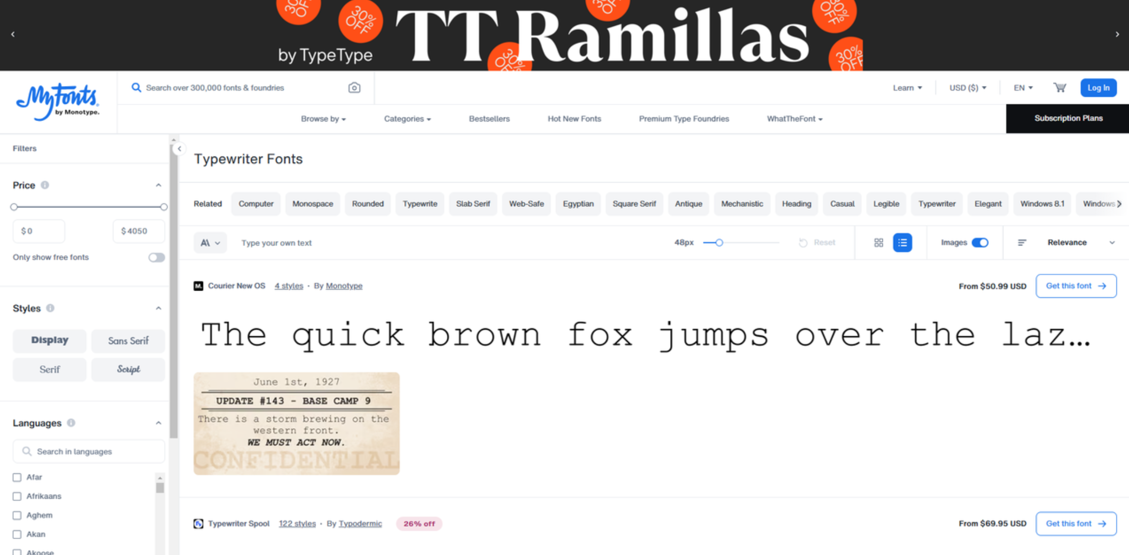 Interface of MyFonts - an online resource for typewriter text fonts