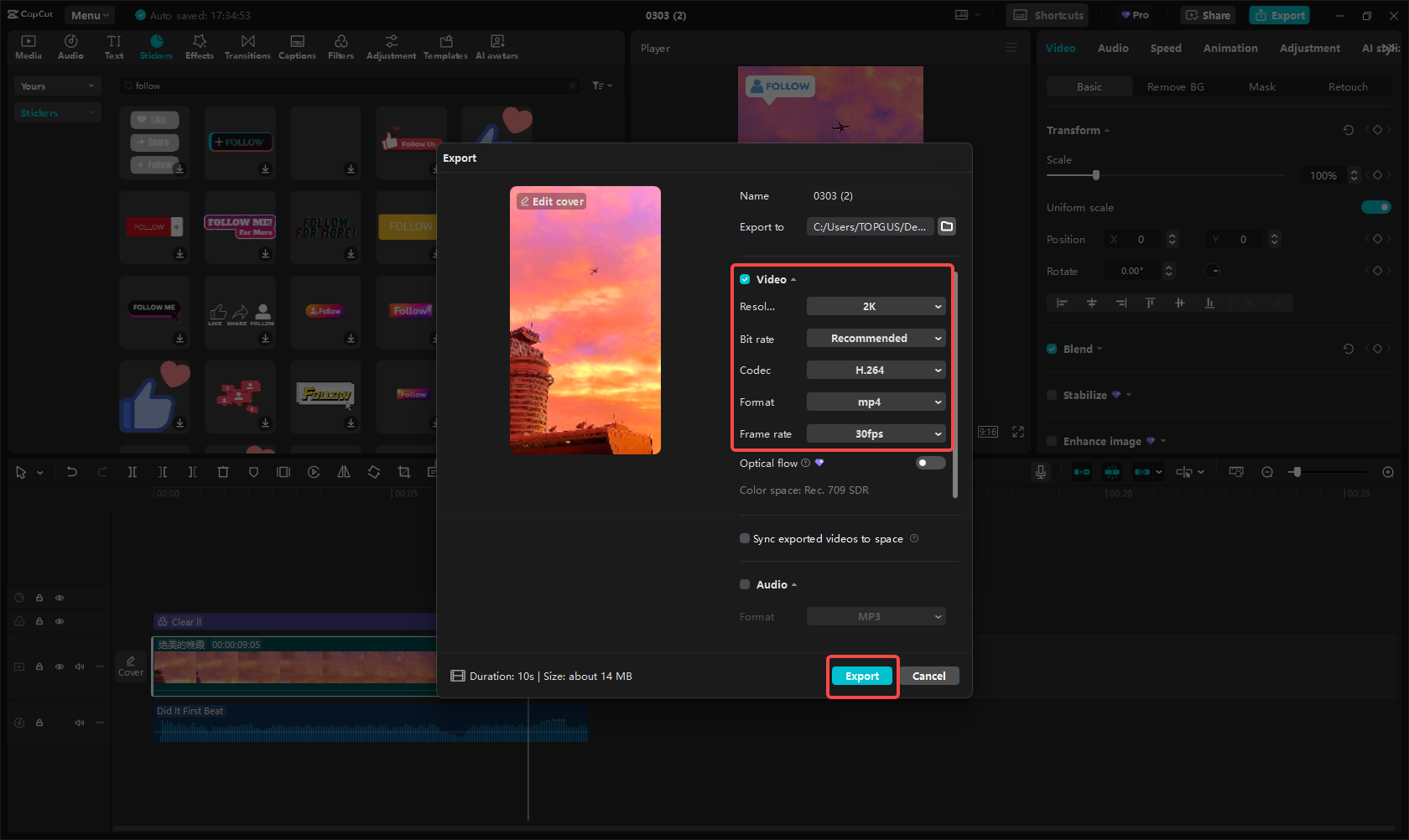 Export cívky Facebook v CapCut