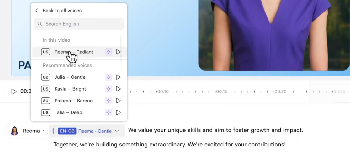 Selecting a voice in Synthesia IO