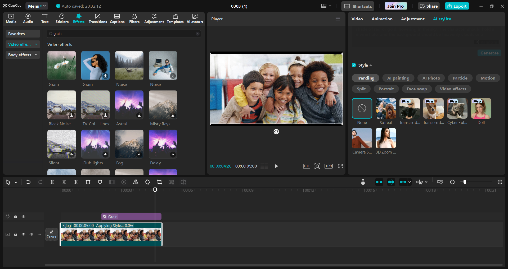 Schnittstelle des CapCut Desktop-Video-Editors - eine schnelle Möglichkeit, Bildern und Videos Filmkörner hinzuzufügen