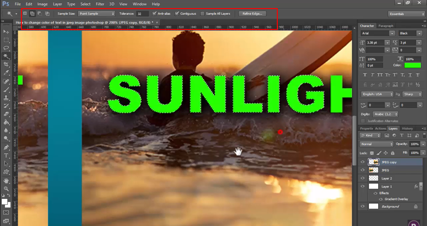 Changing the font and style after writing the text on an image in Photoshop