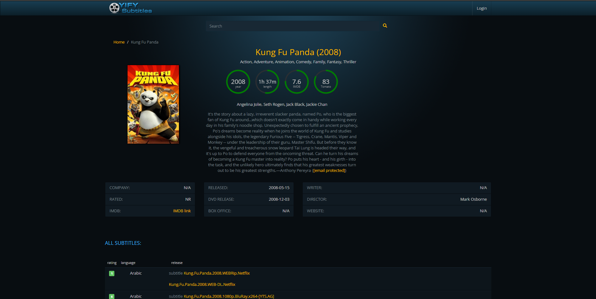 Interface of YIFY Subtitles - the best site to download English subtitles for Chinese drama