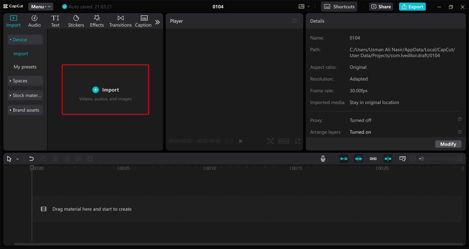 Încărcarea videoclipului în editorul video CapCut desktop