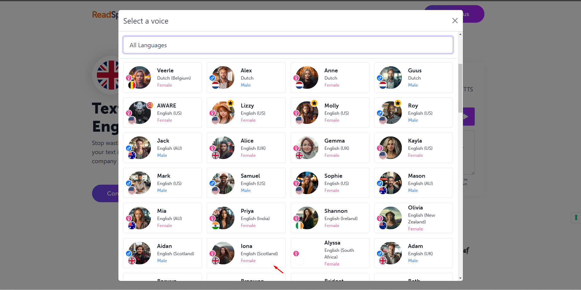 Interface of ReadSpeaker - an efficient way to generate British AI voices