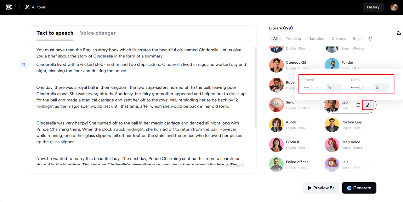 Editable voice speed and pitch