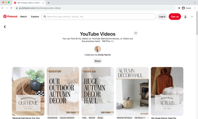 Interfaz de Pinterest - un buen lugar para promocionar videos de YouTube