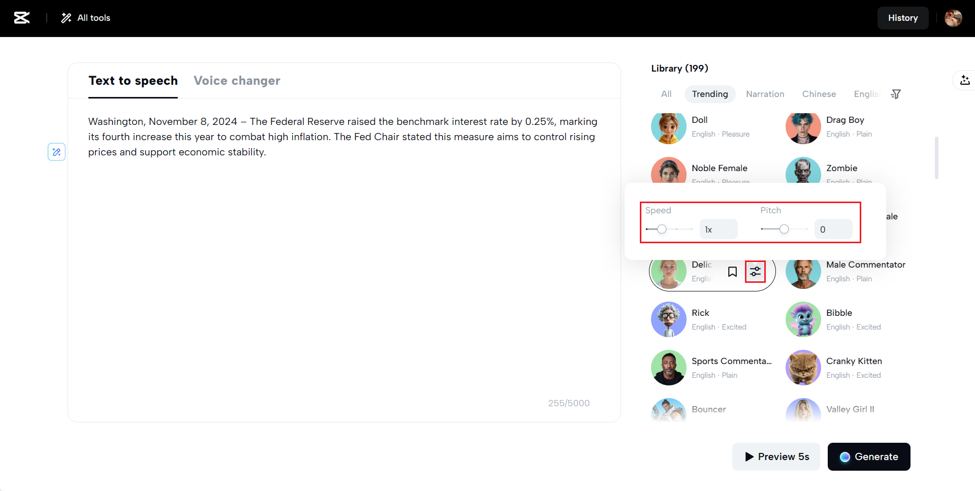 Velocidade e tom de voz personalizados