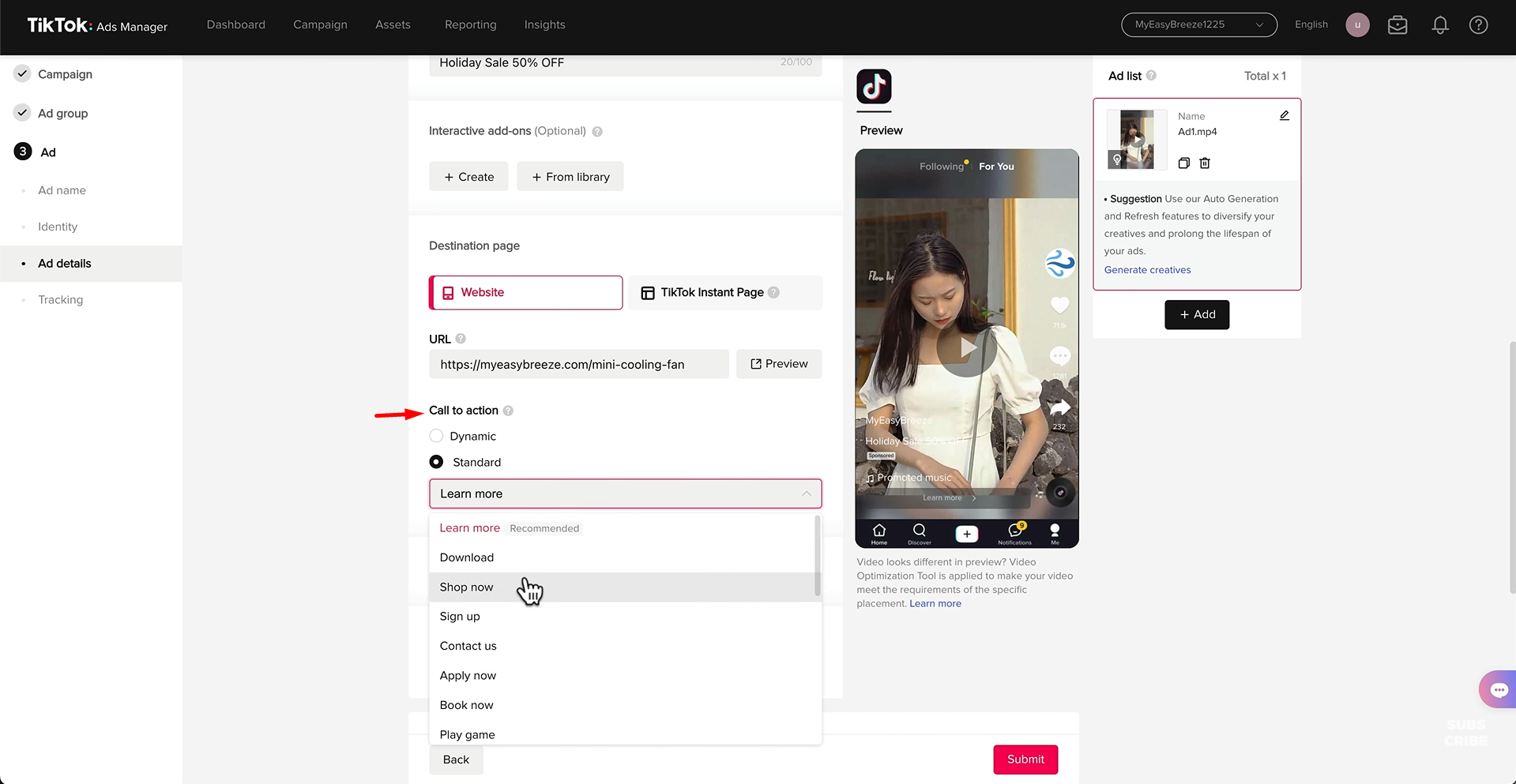 Kép, amely bemutatja, hogyan tartalmazza a CTA-t a jó CTR Tiktokhoz