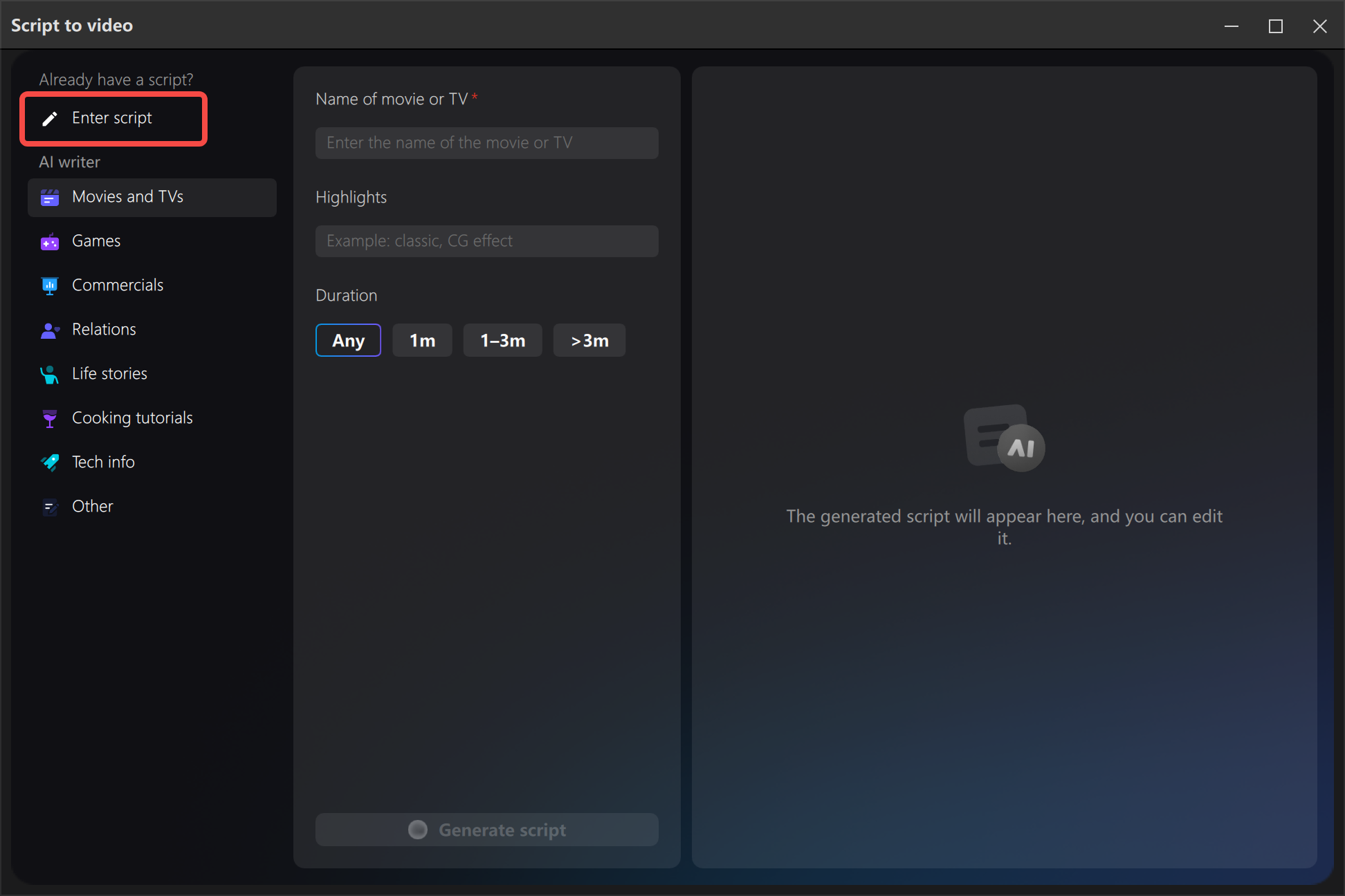 Converting script to videos in the CapCut desktop video editor
