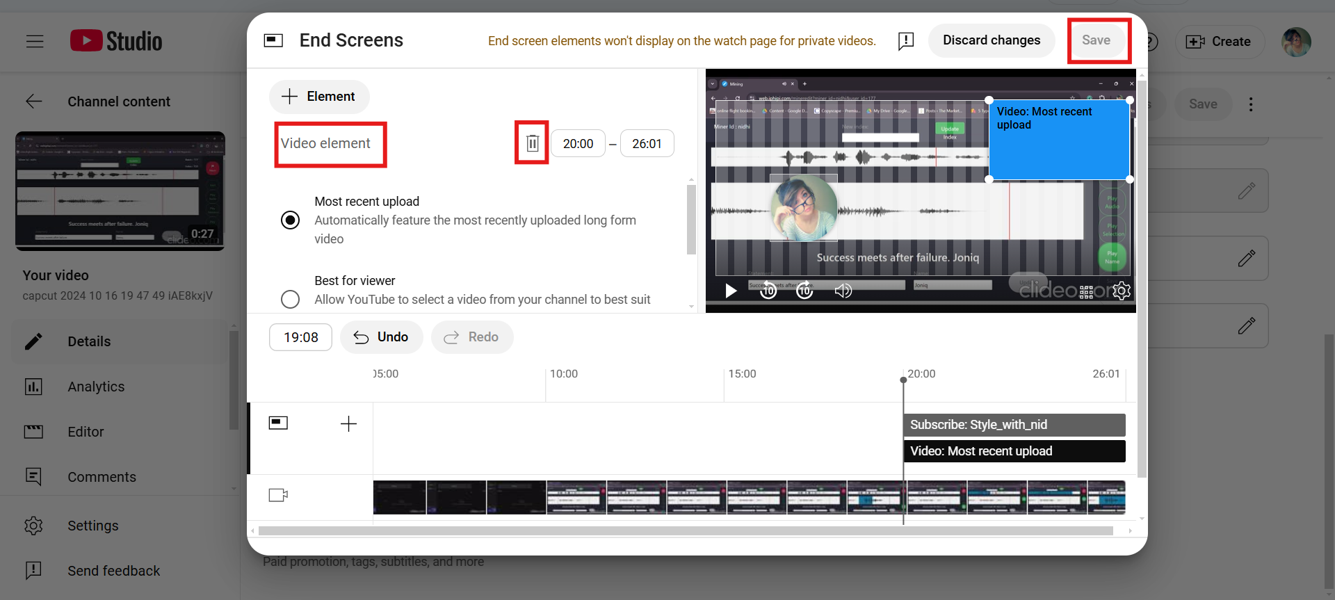 YouTube için son kartı sil