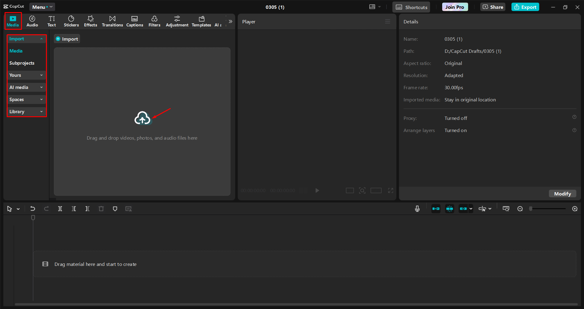 Importieren eines Videos in den CapCut Desktop-Video-Editor