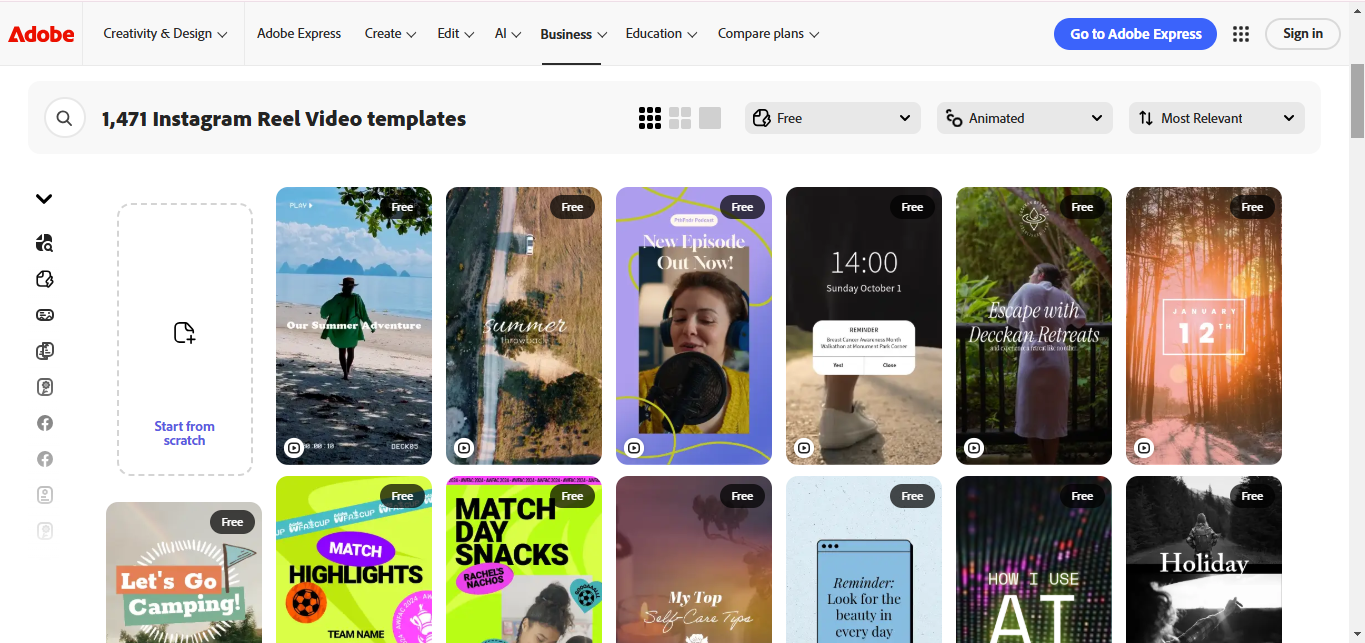 The interface of Adobe Express - the popular platform to get IG templates for reels
