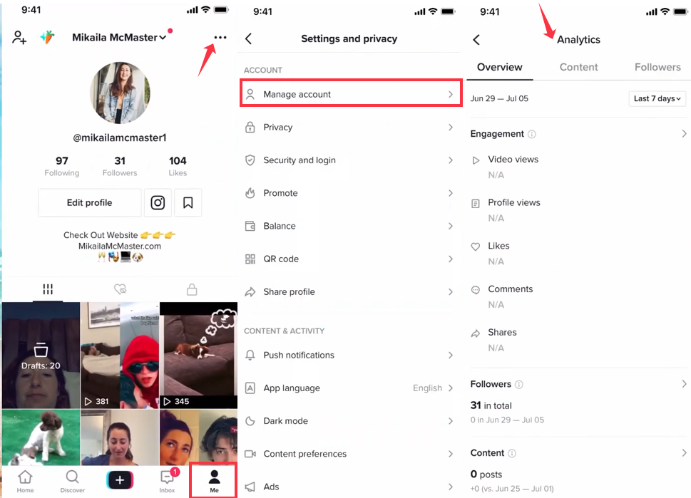 Kép, amely bemutatja, hogyan érheti el a TikTok fiók betekintéseit mobileszközön