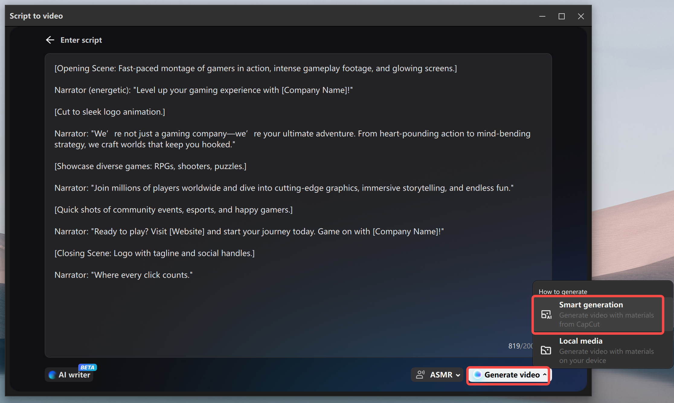 Converting script to videos in the CapCut desktop video editor