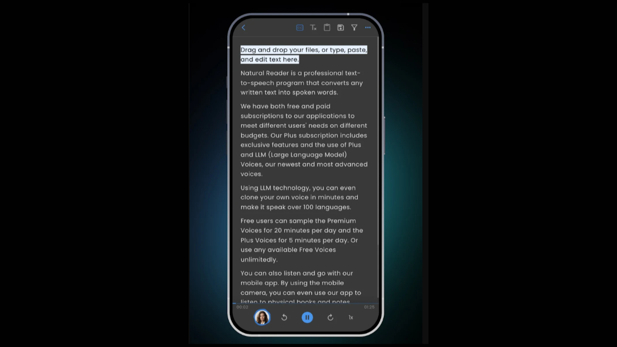 Using Natural Reader mobile app for generating text to AI speech