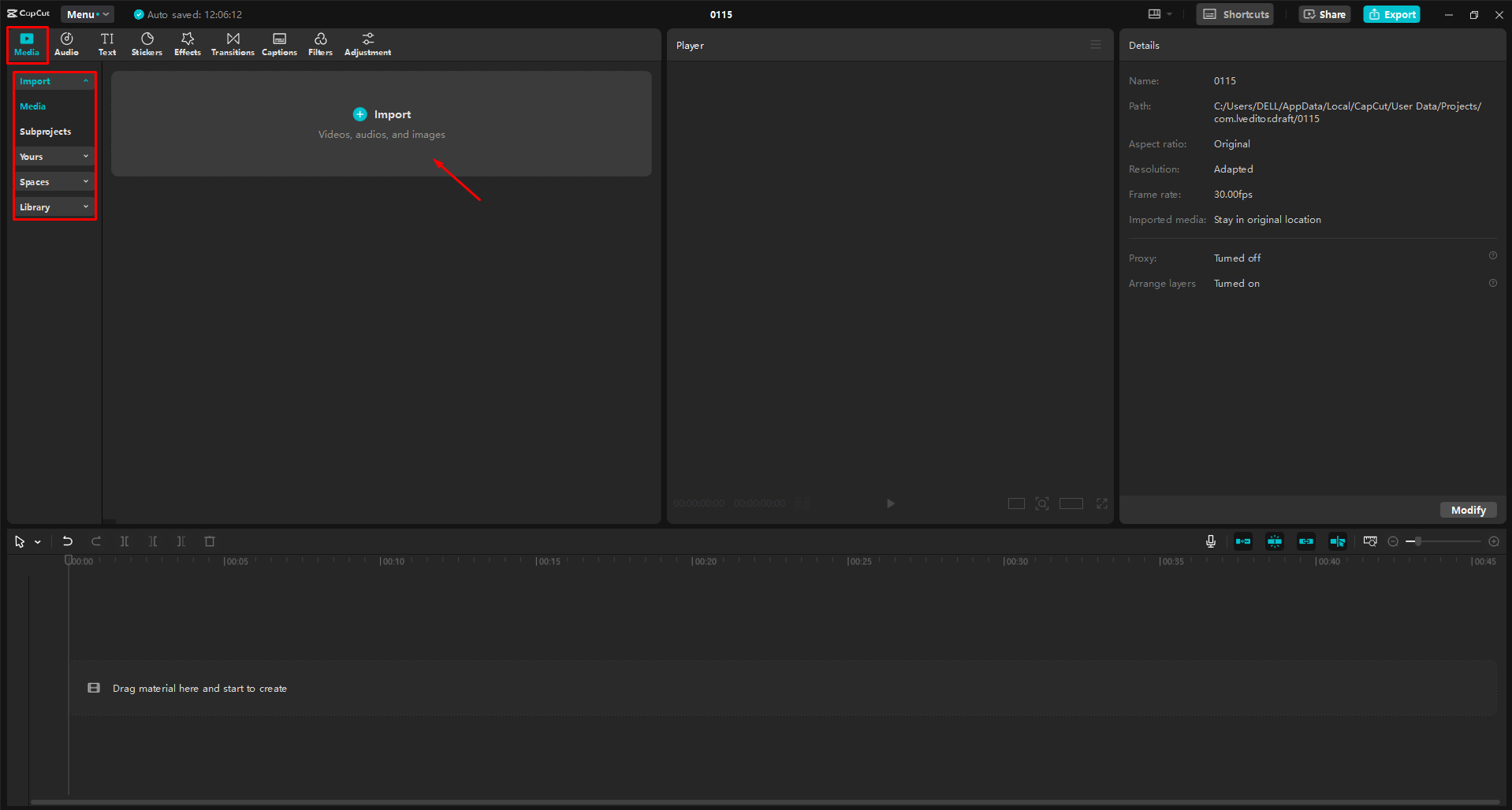 Memuat naik video ke editor video desktop CapCut
