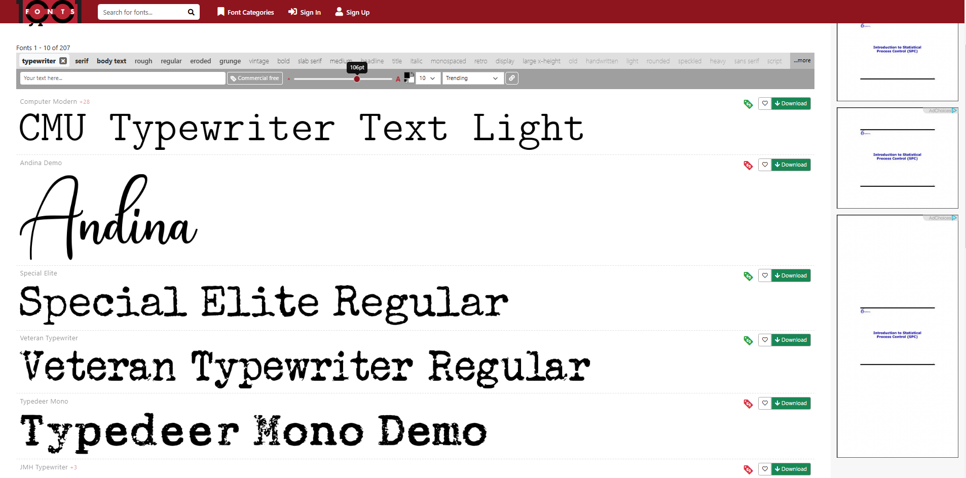 Interface of 1001 Fonts - an online platform to get free typewriter text fonts