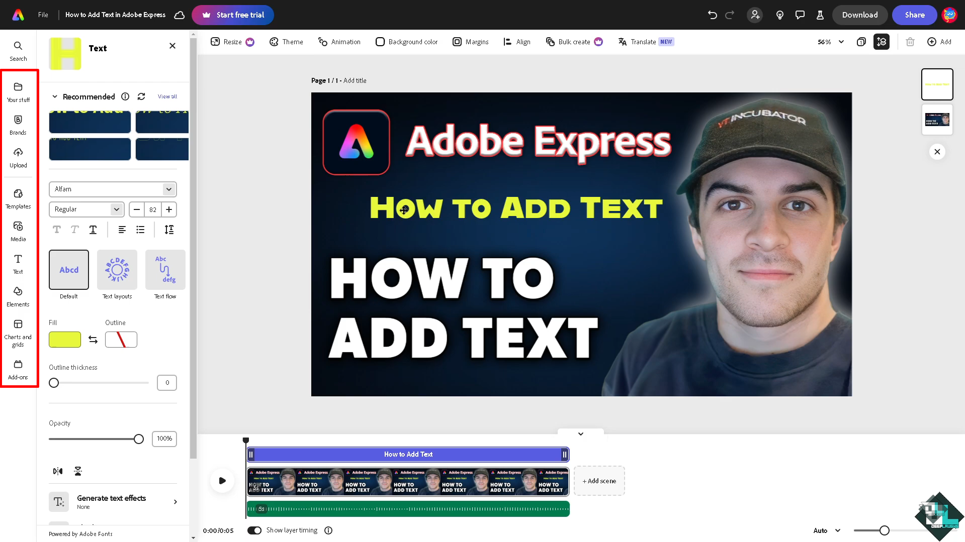 Interface of Adobe Express showing how to write text on photos