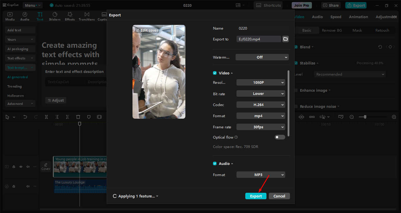Mengekspor video ke CapCut editor video desktop