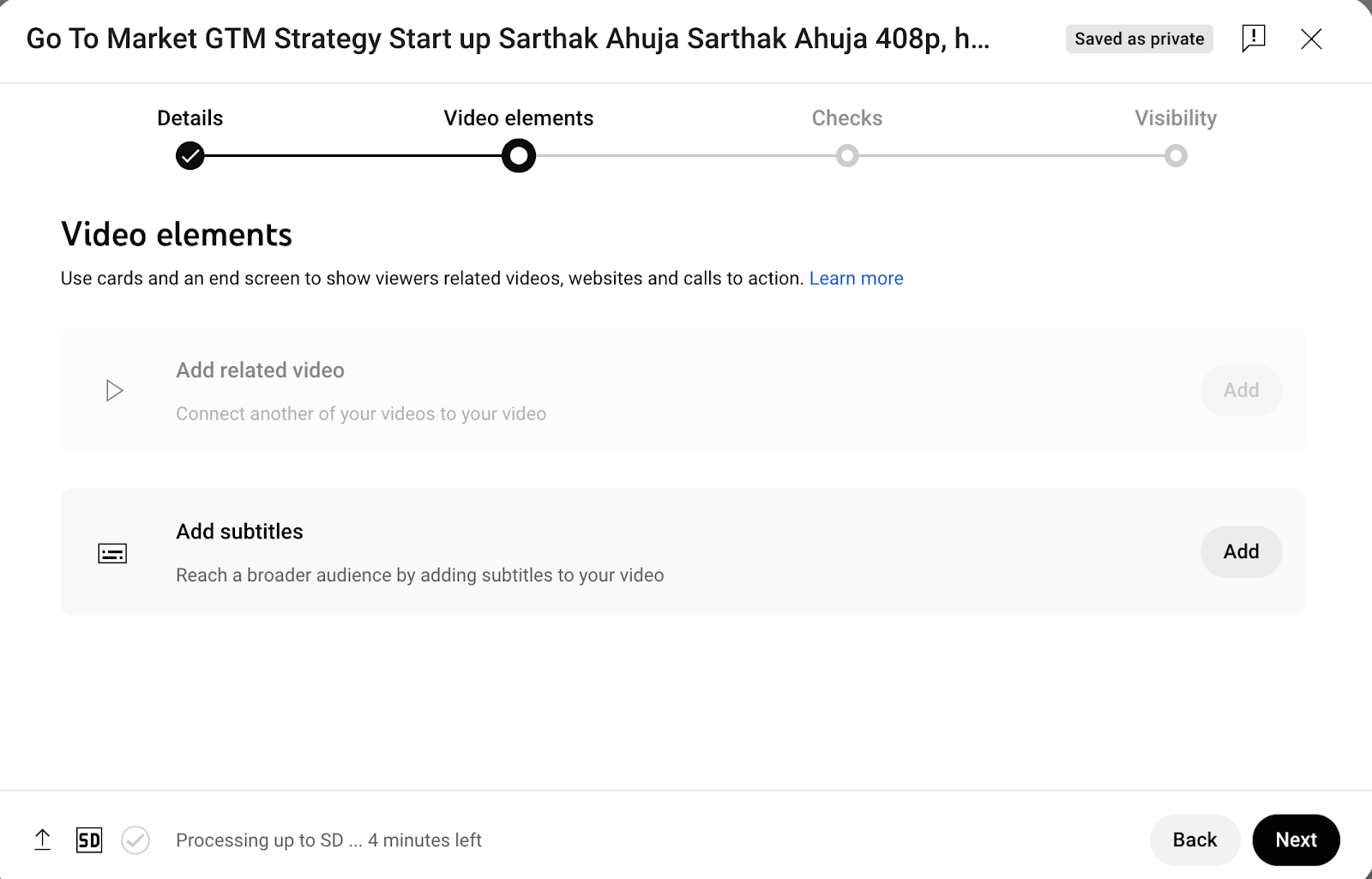Image showing how to locate the video elements section in YouTube Studio