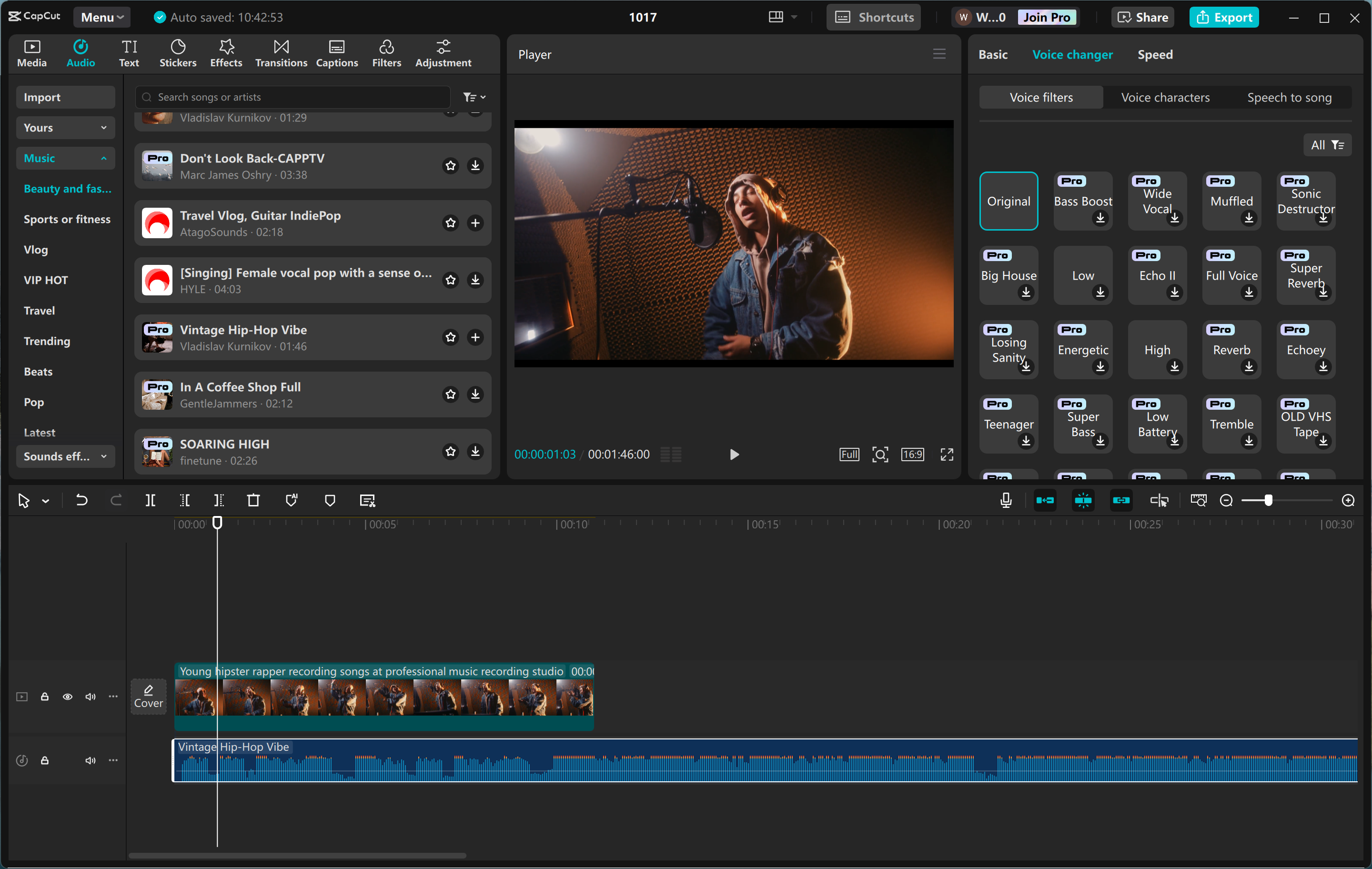 Editing interface of the CapCut desktop video editor - the best too to create AI rapper voice