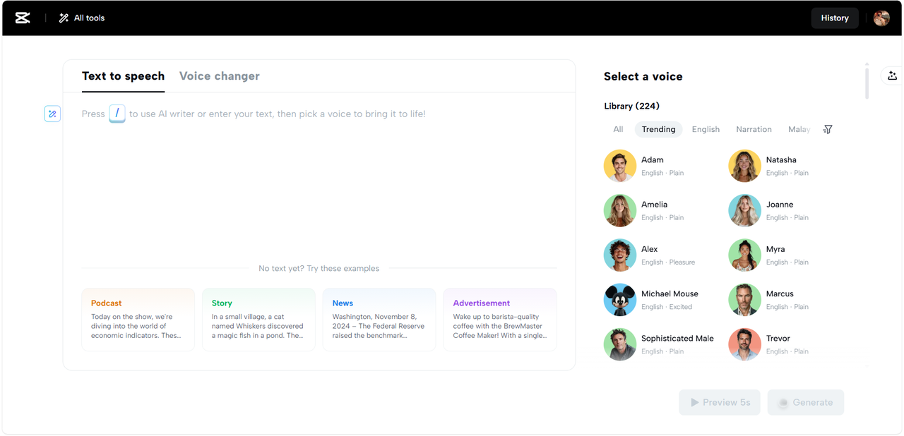 Interface da ferramenta de conversão de texto em fala CapCut Web