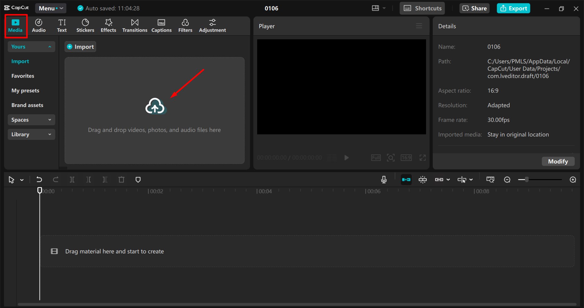 Importowanie wideo do CapCut edytora wideo na pulpicie