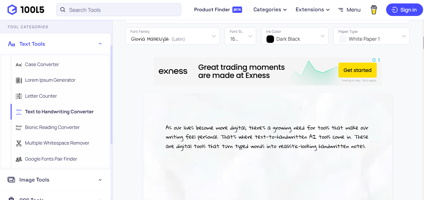 Interface of 10015 Tools -  the best tool to turn text into handwriting