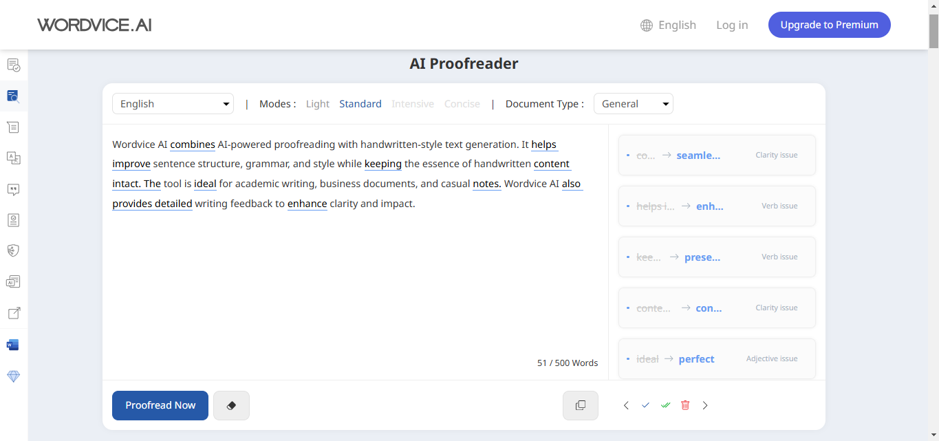 Antara muka Wordvice AI - alat yang popular untuk menulis teks dalam talian secara percuma